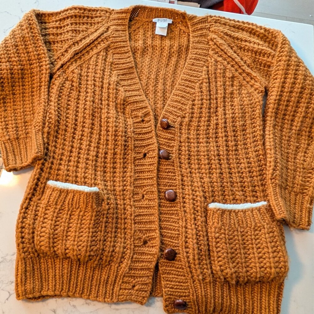 Vintage Sonia Rykiel mustard/camel colored, merino wool cardigan, size L